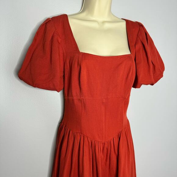 Anthropologie Currect Air Square-Neck Puff-Sleeved Midi Dress Linen Blend Sz XS - Picture 5 of 15